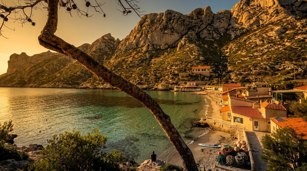 Calanque de Sormiou : la plage de sable, les cabanons et Le Château ouvert depuis 1948