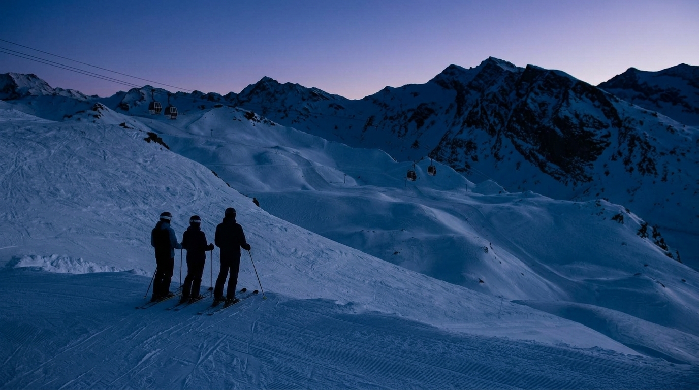 Skieurs sur les pistes des Trois Vallées au crépuscule
