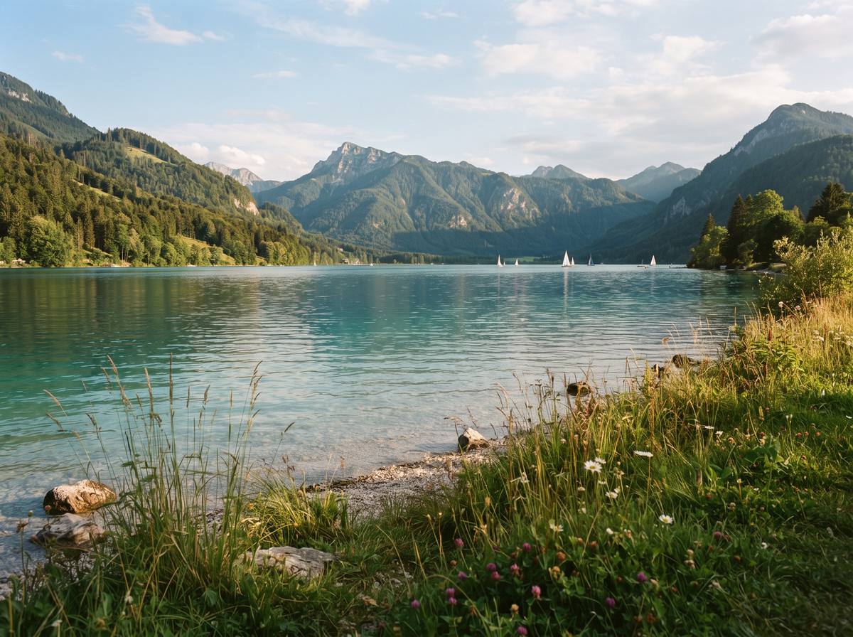 Lac d'Annecy en été depuis une plage de la rive ouest