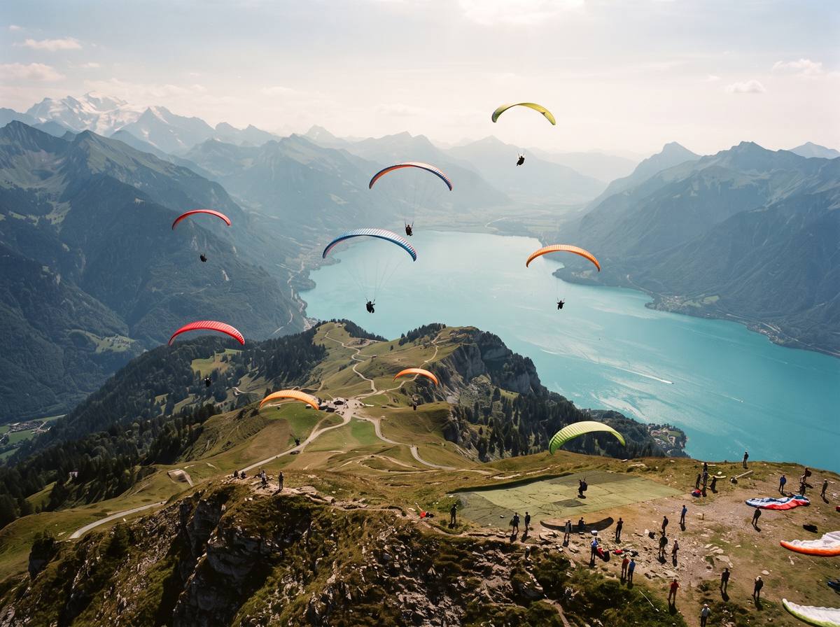 Parapentes au col de la Forclaz au-dessus du lac d'Annecy