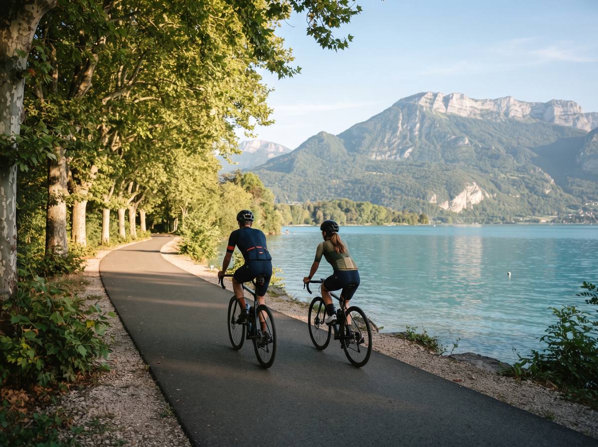 Cyclistes sur la voie verte du lac d'Annecy