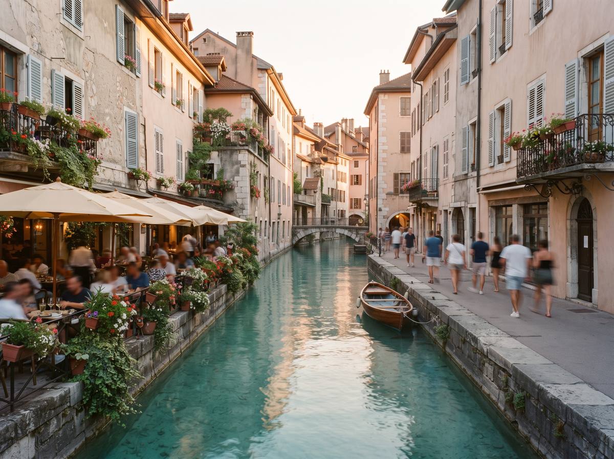 Les canaux de la vieille ville d'Annecy au soir