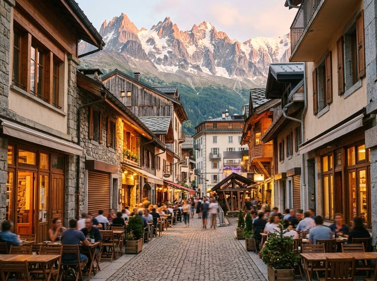 A bustling street in Chamonix one summer evening