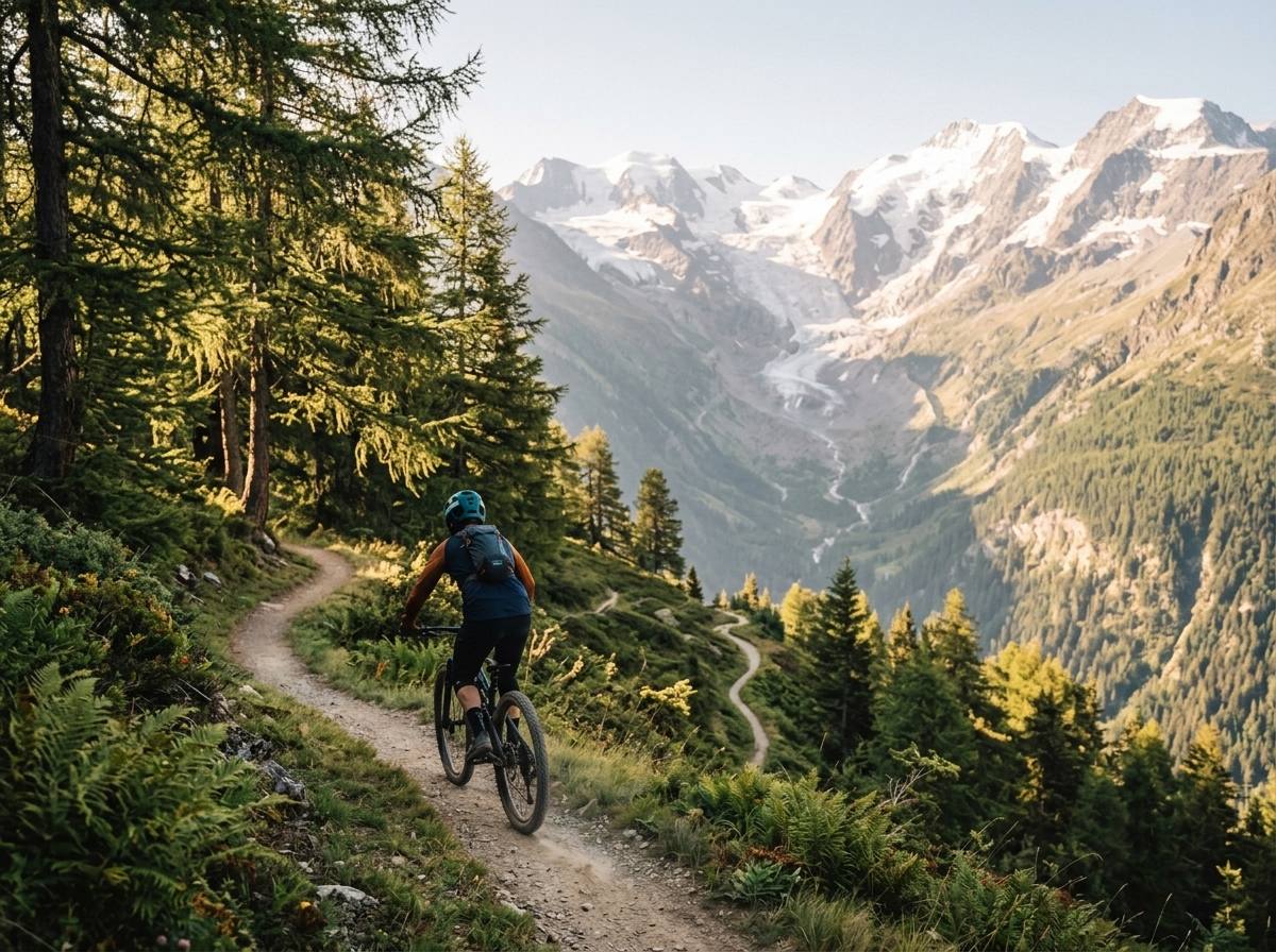 Mountain biking on a balcony trail in the Chamonix valley