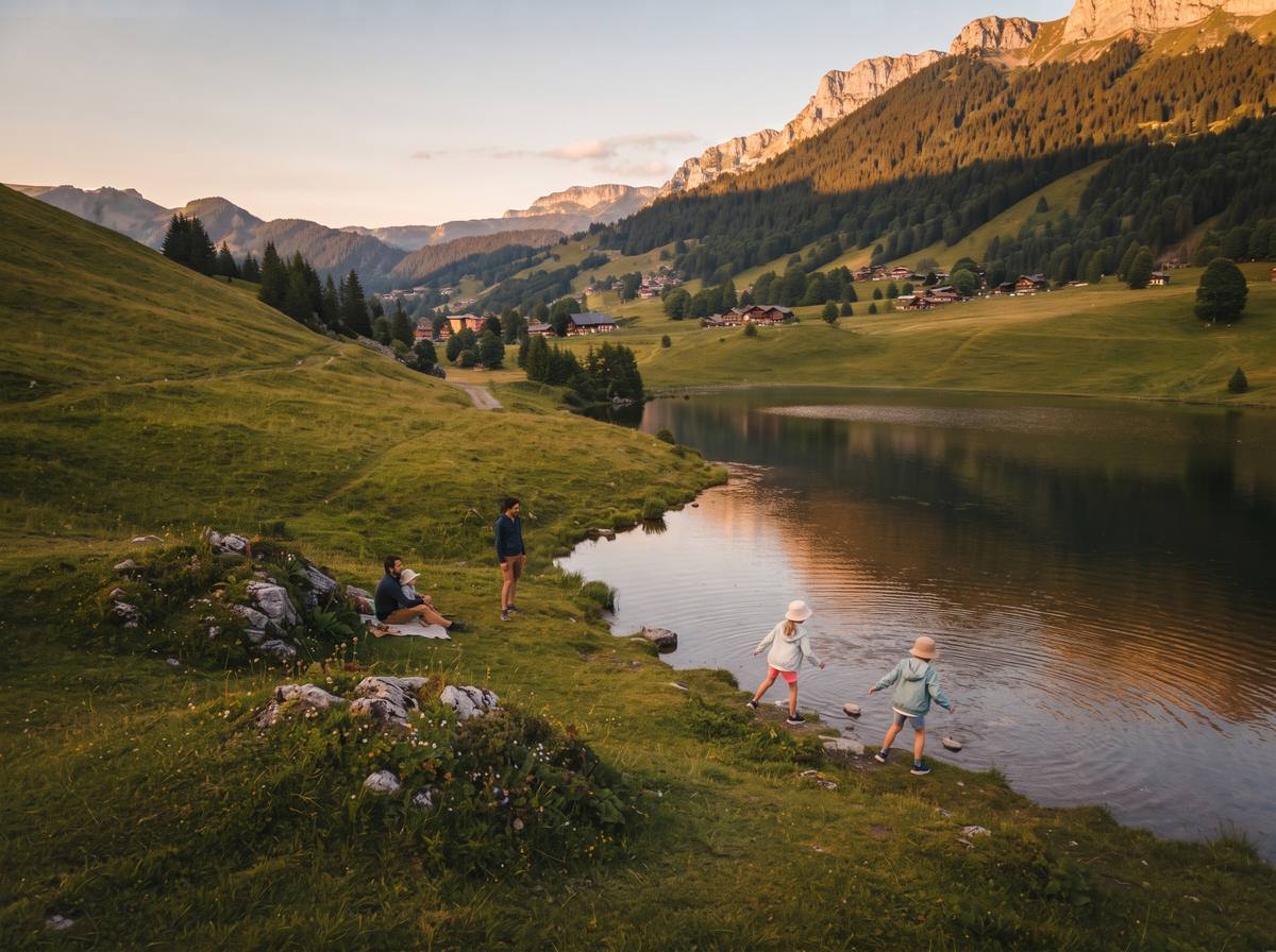 Children at the edge of Confins lake in summer