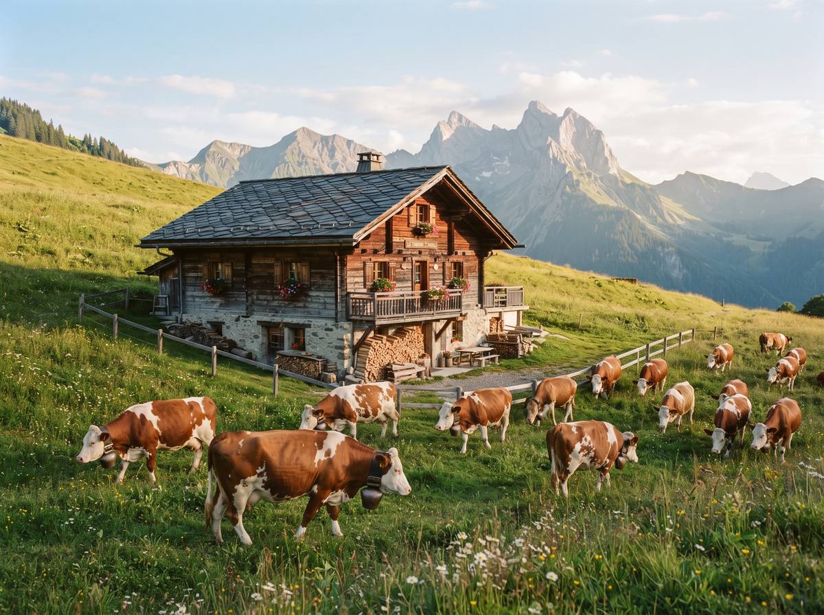 Alpine farm and Abondance cattle in the Aravis