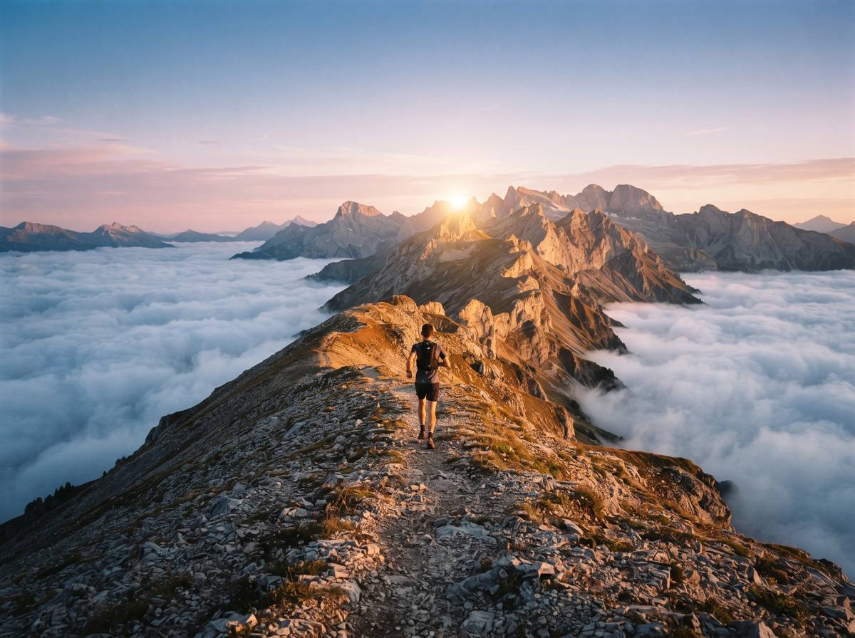 Trail runner on the Aravis ridges at dawn