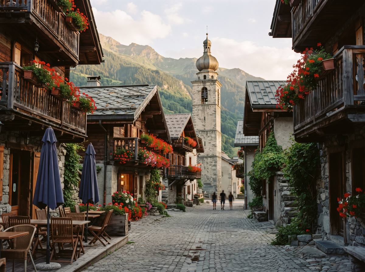 La Clusaz village and its onion-domed bell tower on a summer evening