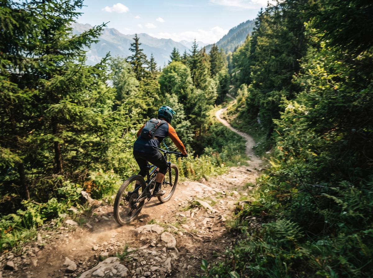 Mountain bike descent through forest at La Clusaz bike park