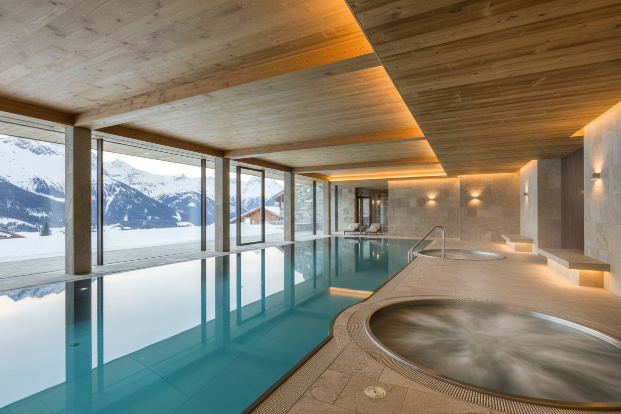 Espace aquatique du Palais Megève avec vue sur les montagnes