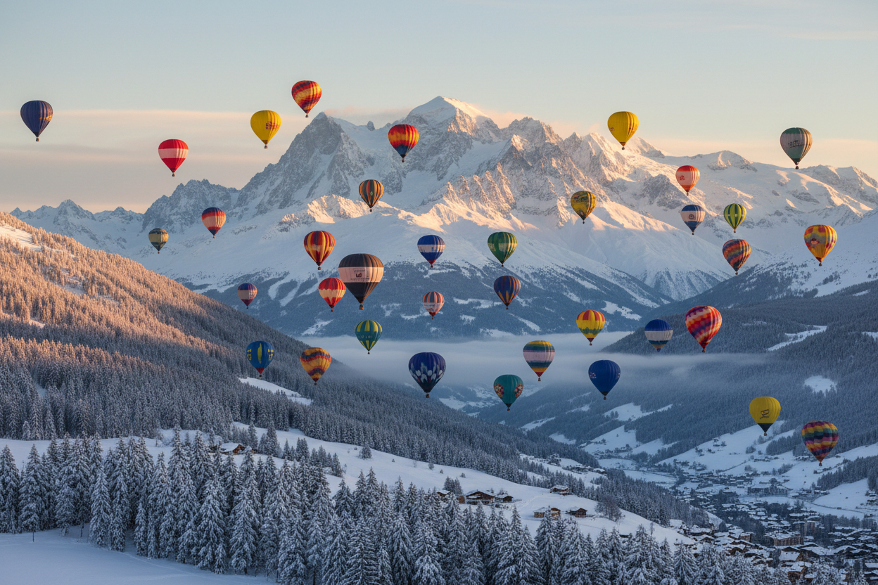 Montgolfière au-dessus de Megève et du Mont-Blanc