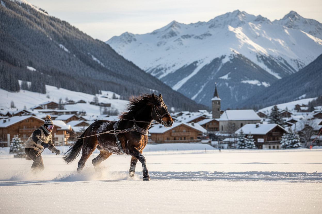 Ski joëring à Megève, skieur tracté par un cheval