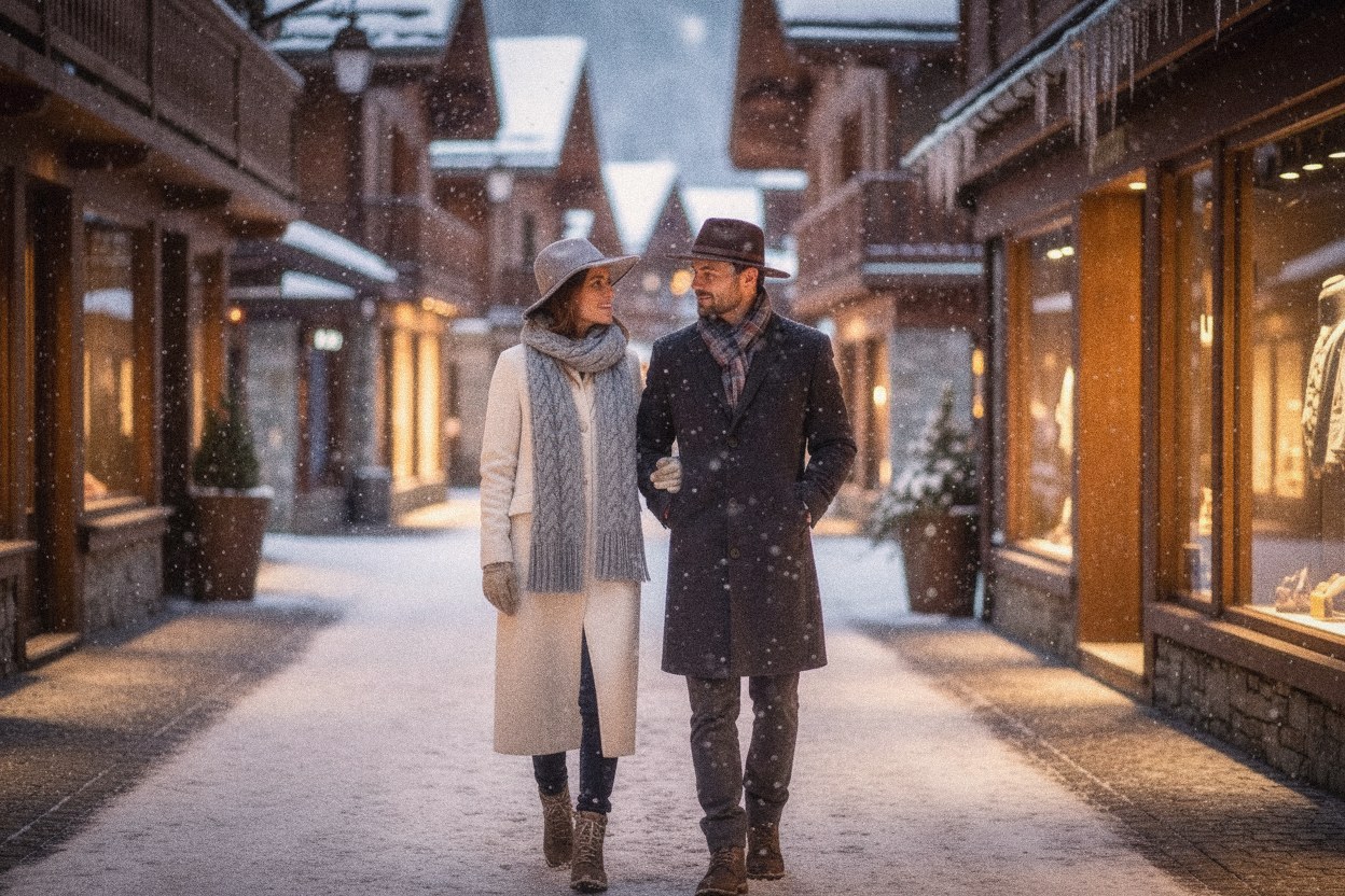 Couple élégant dans une rue enneigée de Megève au crépuscule, devant les boutiques illuminées