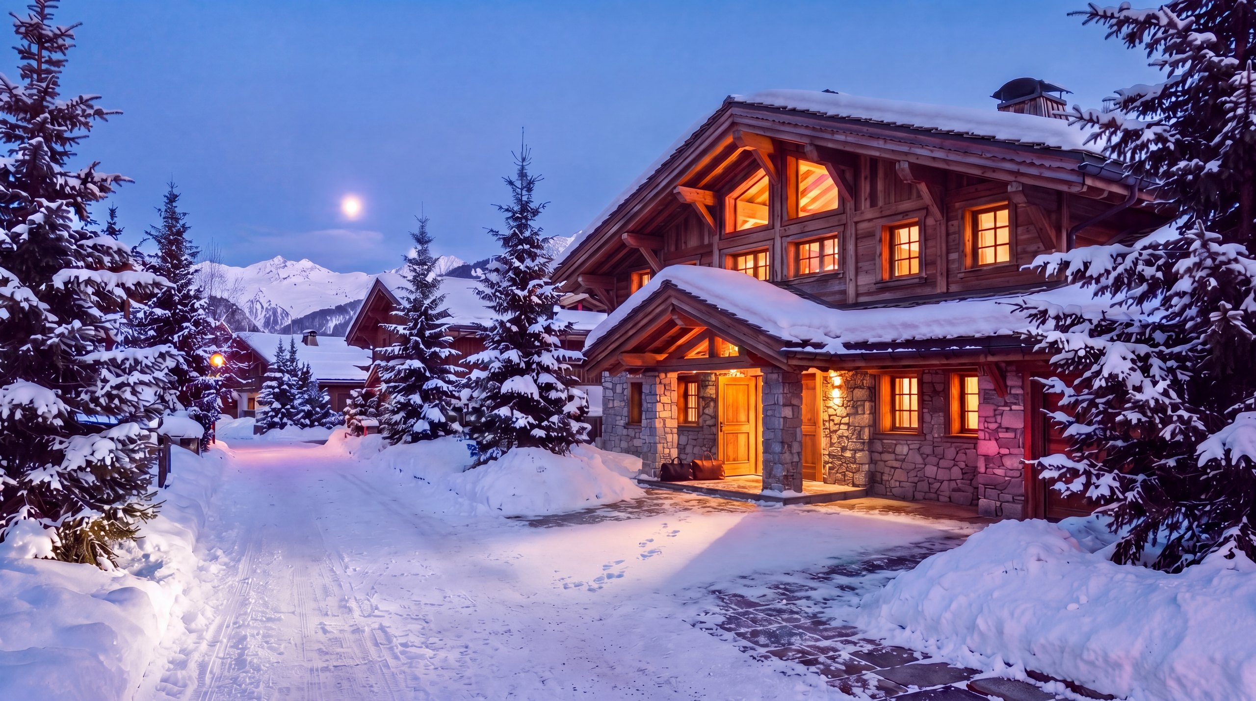 Deux sacs de voyage devant la porte d'un chalet de bois et de pierre éclairé, à l'heure bleue