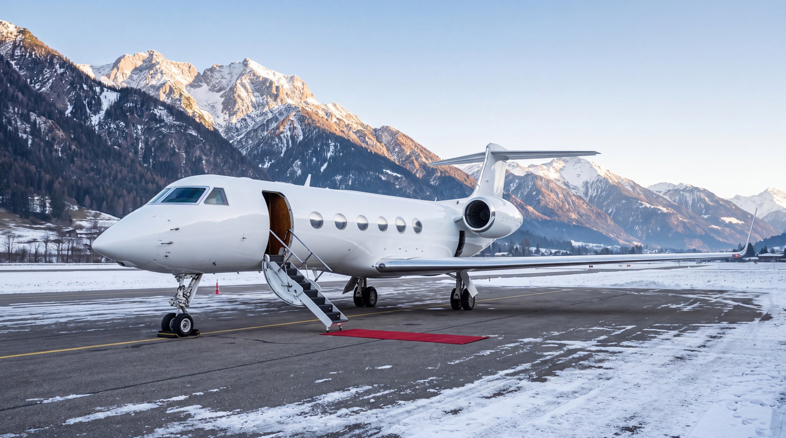 Un jet d'affaires, porte ouverte, sur le tarmac enneigé d'un aéroport de vallée au pied des montagnes