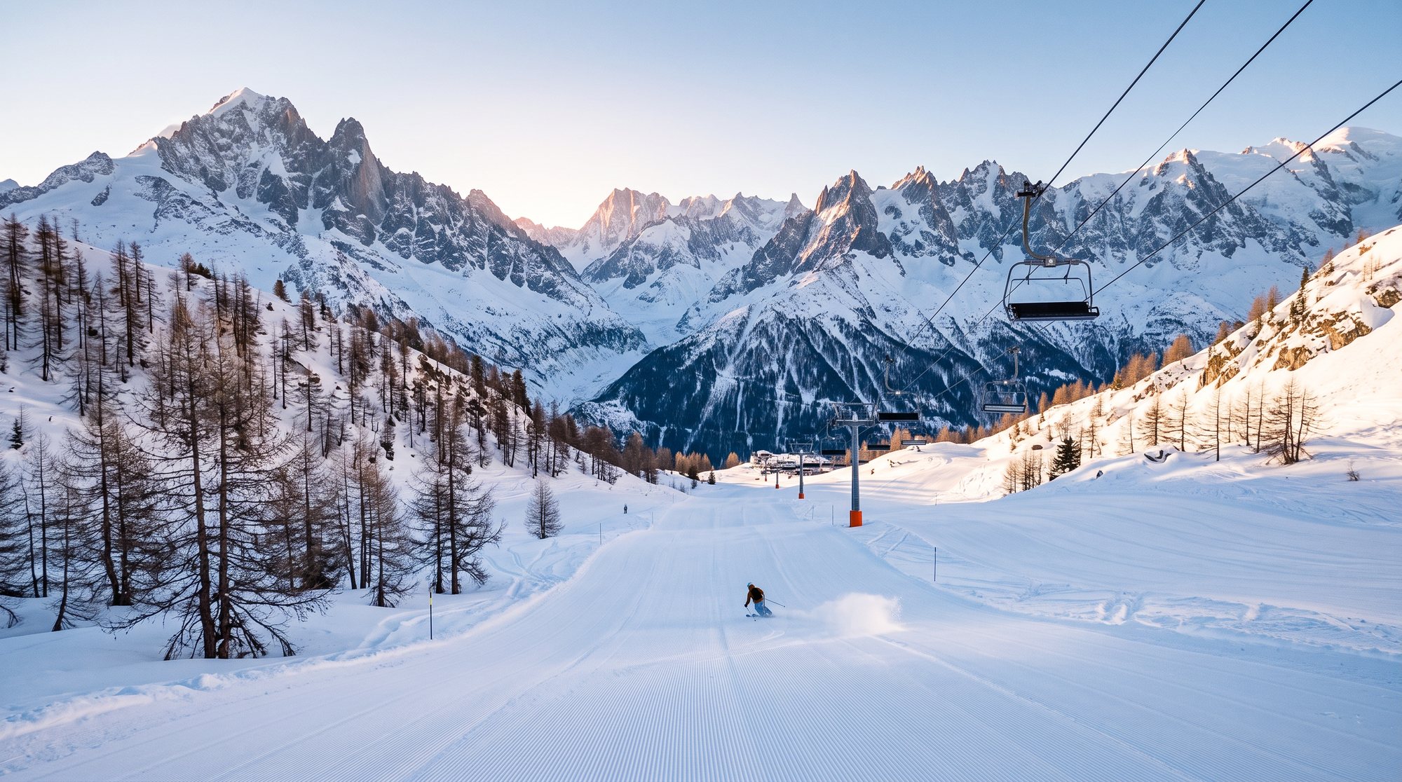 Une piste damée presque vide au domaine du Brévent, face au massif du Mont-Blanc, un skieur au loin