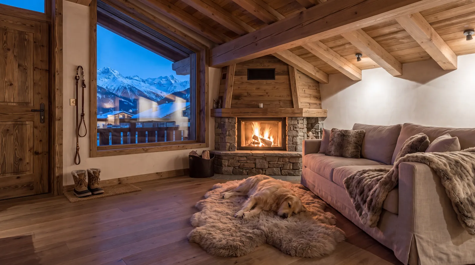 Chien endormi sur une peau de mouton devant le feu, dans le salon d'un chalet face aux montagnes