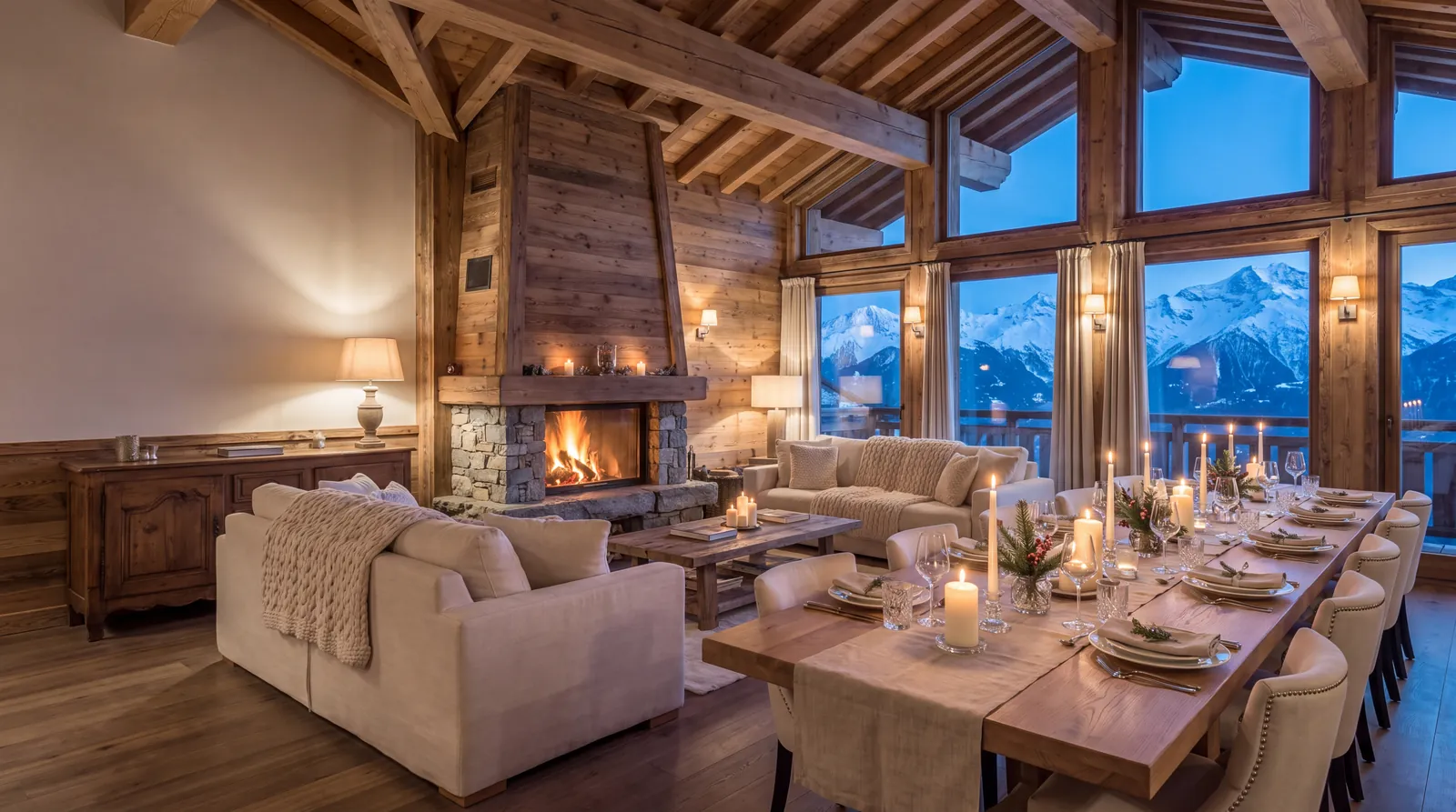 Grande pièce de vie d'un chalet, table dressée pour douze et feu de cheminée face aux sommets