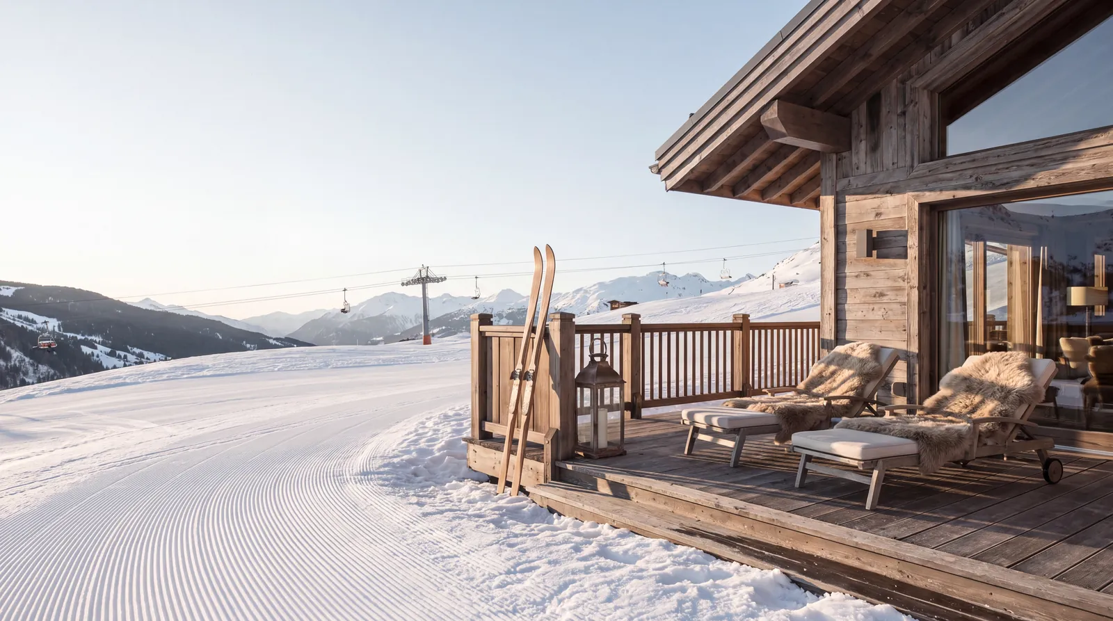 Terrasse d'un chalet au bord d'une piste damée, skis en bois contre la balustrade