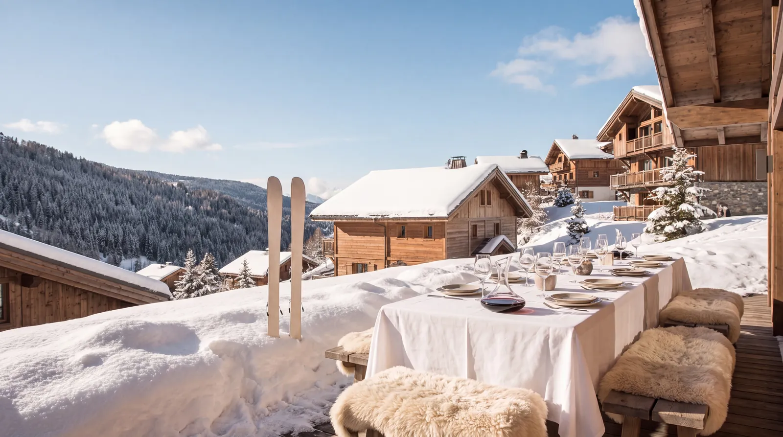 Table de déjeuner dressée sur la neige au bord des pistes, skis plantés à côté