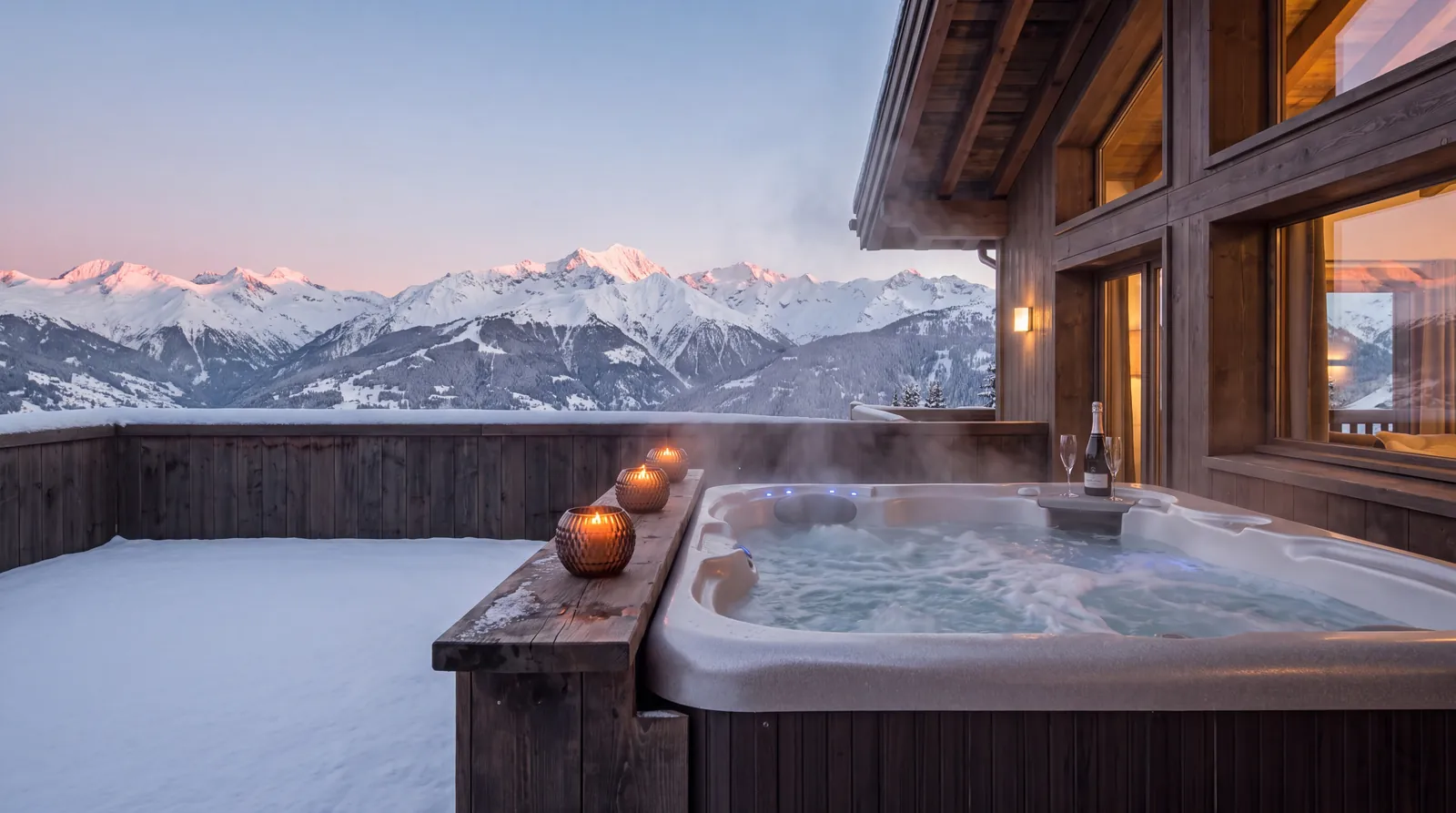 Jacuzzi fumant sur la terrasse d'un chalet, face aux sommets enneigés au coucher du soleil