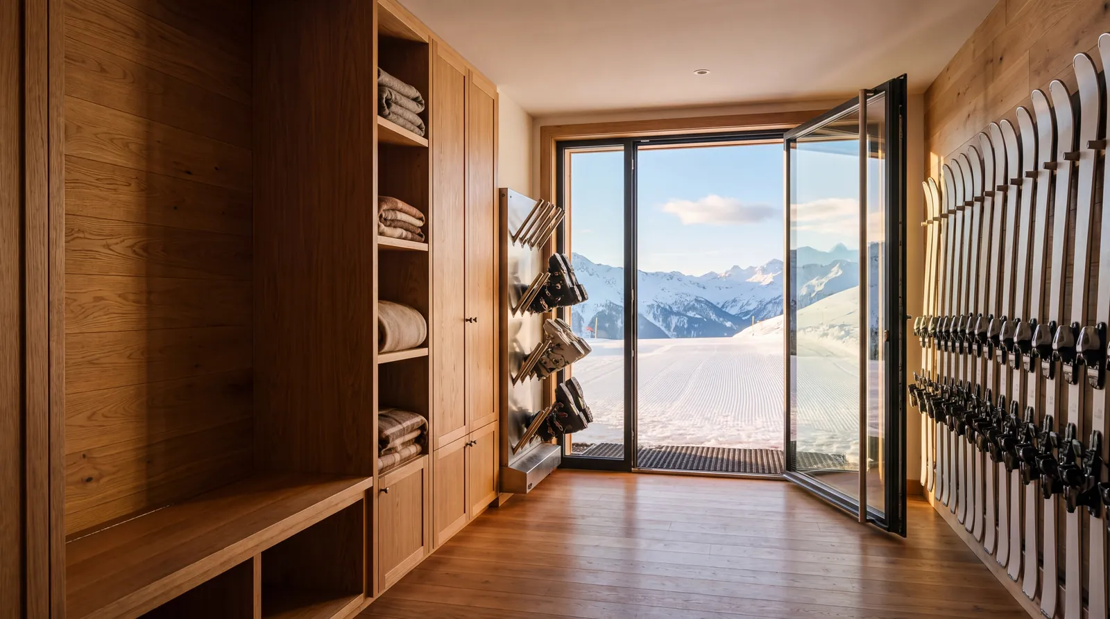 Local à skis d'un chalet ouvert sur une piste damée, chaussures sur leurs séchoirs
