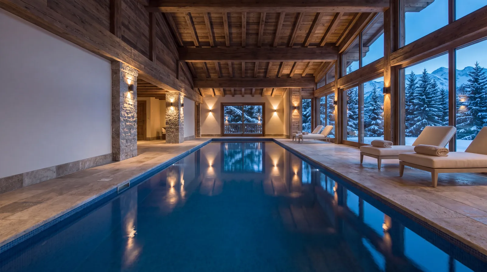 Piscine intérieure d'un chalet de luxe ouverte sur les sapins enneigés, à l'heure bleue
