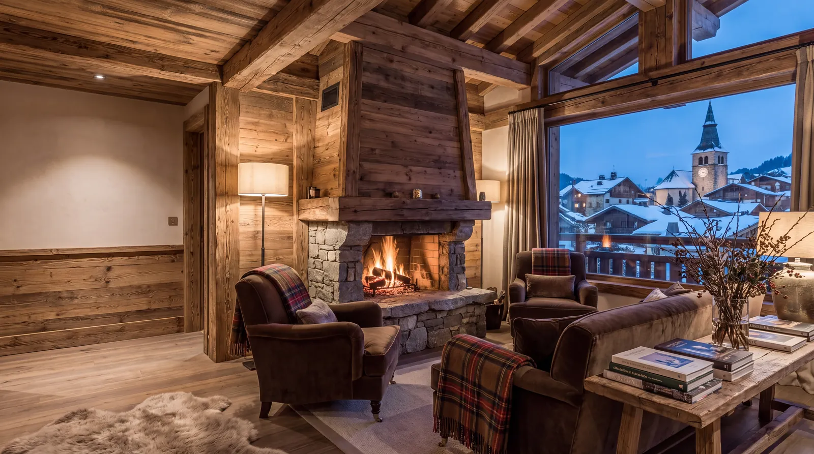 Salon de chalet de tradition, feu de cheminée et vue sur les toits enneigés d'un village de montagne
