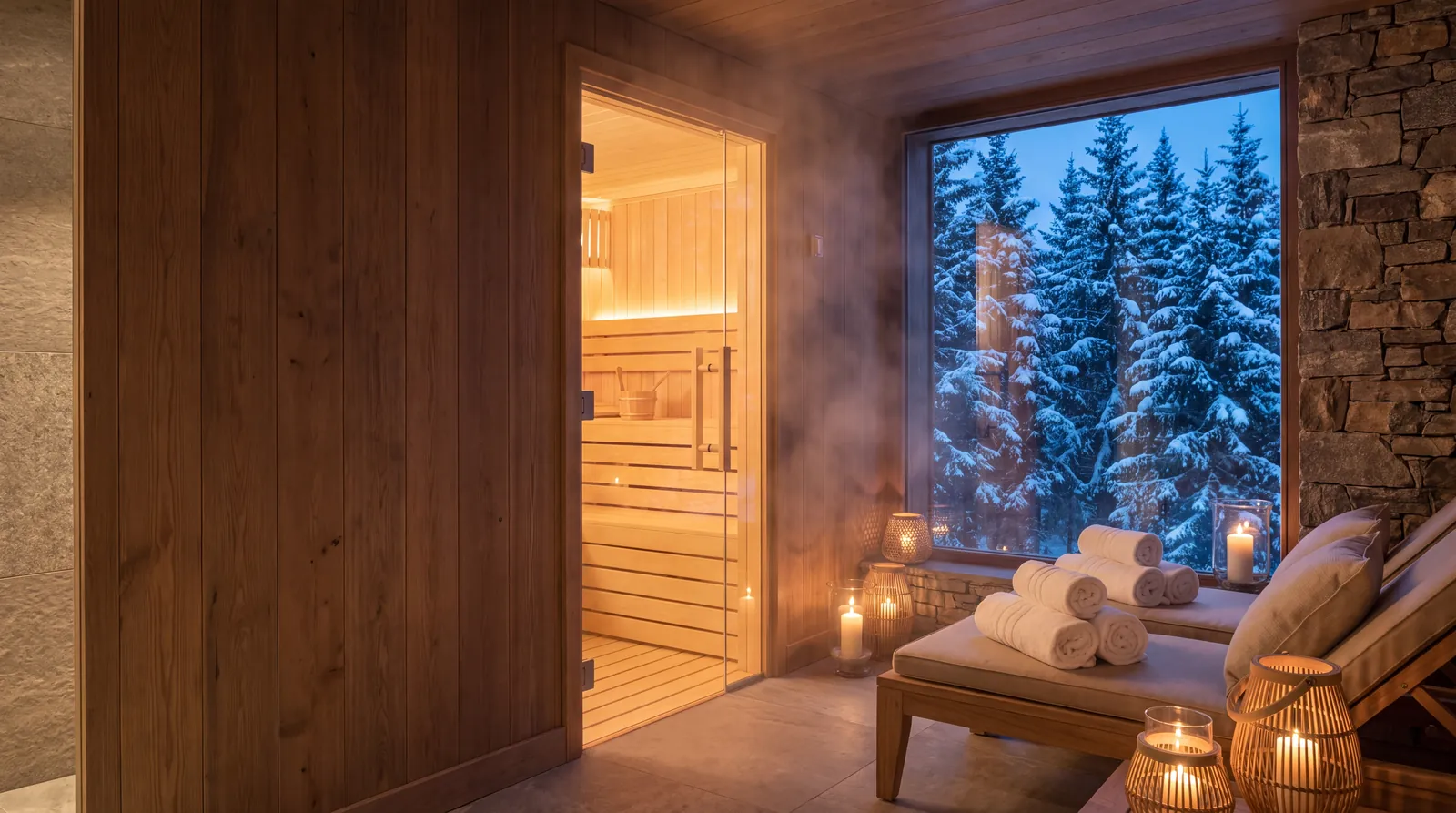 Spa privé d'un chalet de luxe : sauna éclairé, bougies et sapins enneigés derrière la baie vitrée