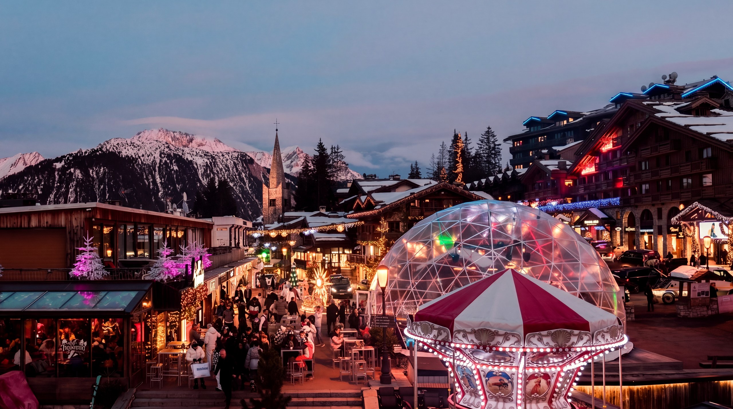 Le carrousel illuminé de Courchevel 1850 à la tombée du jour, entre les chalets et le clocher