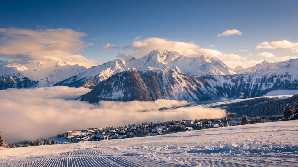 Vue de Courchevel 1850 au-dessus d'une mer de nuages, en fin d'après-midi d'hiver