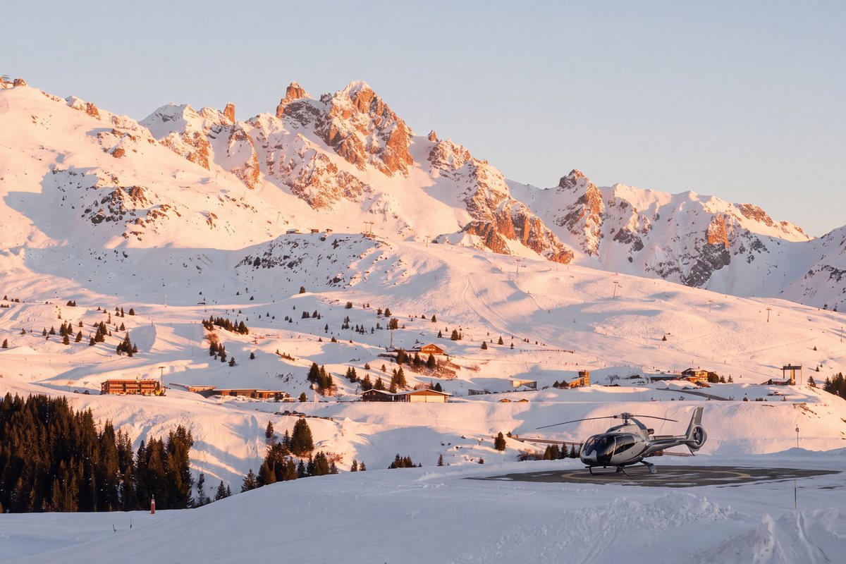 Hélicoptère posé à l'altiport de Courchevel au coucher du soleil