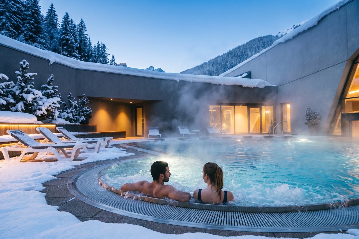 Bassin extérieur chauffé du centre Aquamotion sous la neige, à Courchevel Village