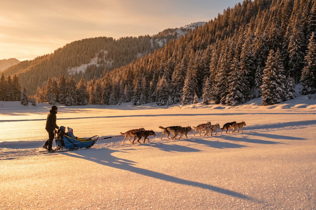 Attelage de chiens de traîneau dans la neige à Courchevel