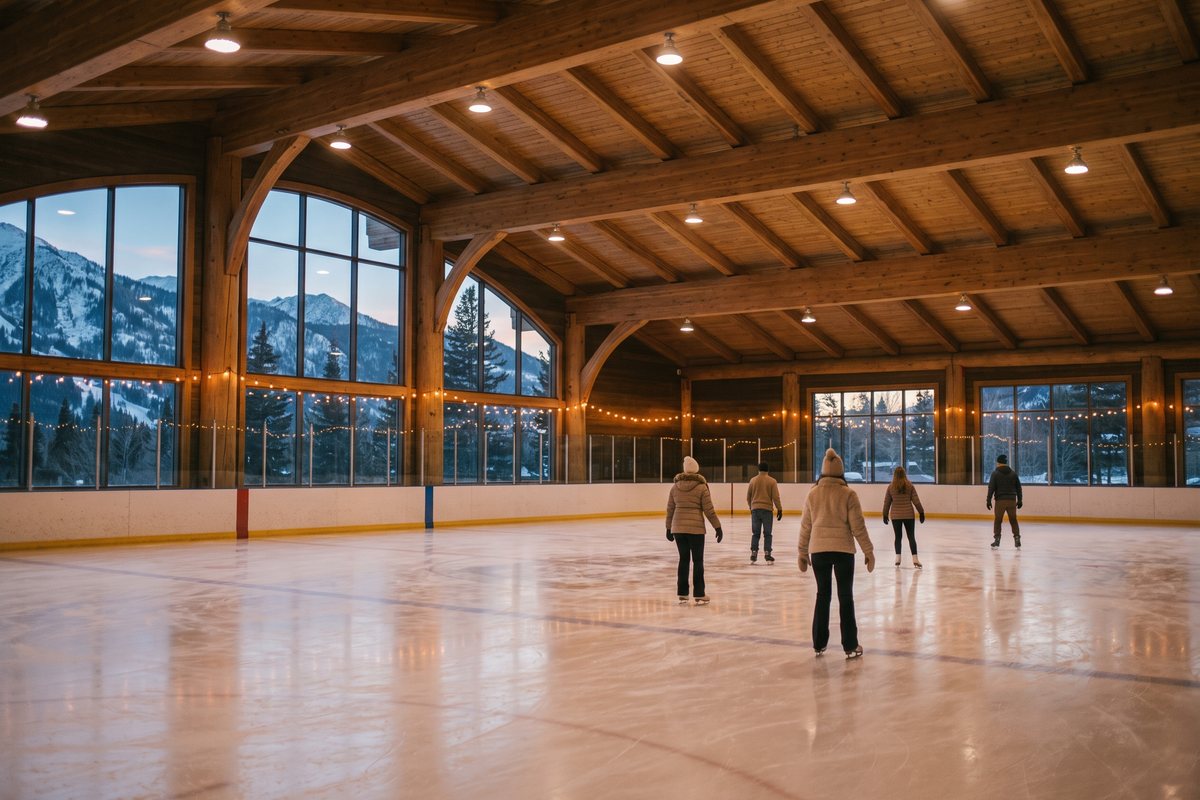 Patineurs sur une patinoire couverte en station, à la tombée du jour