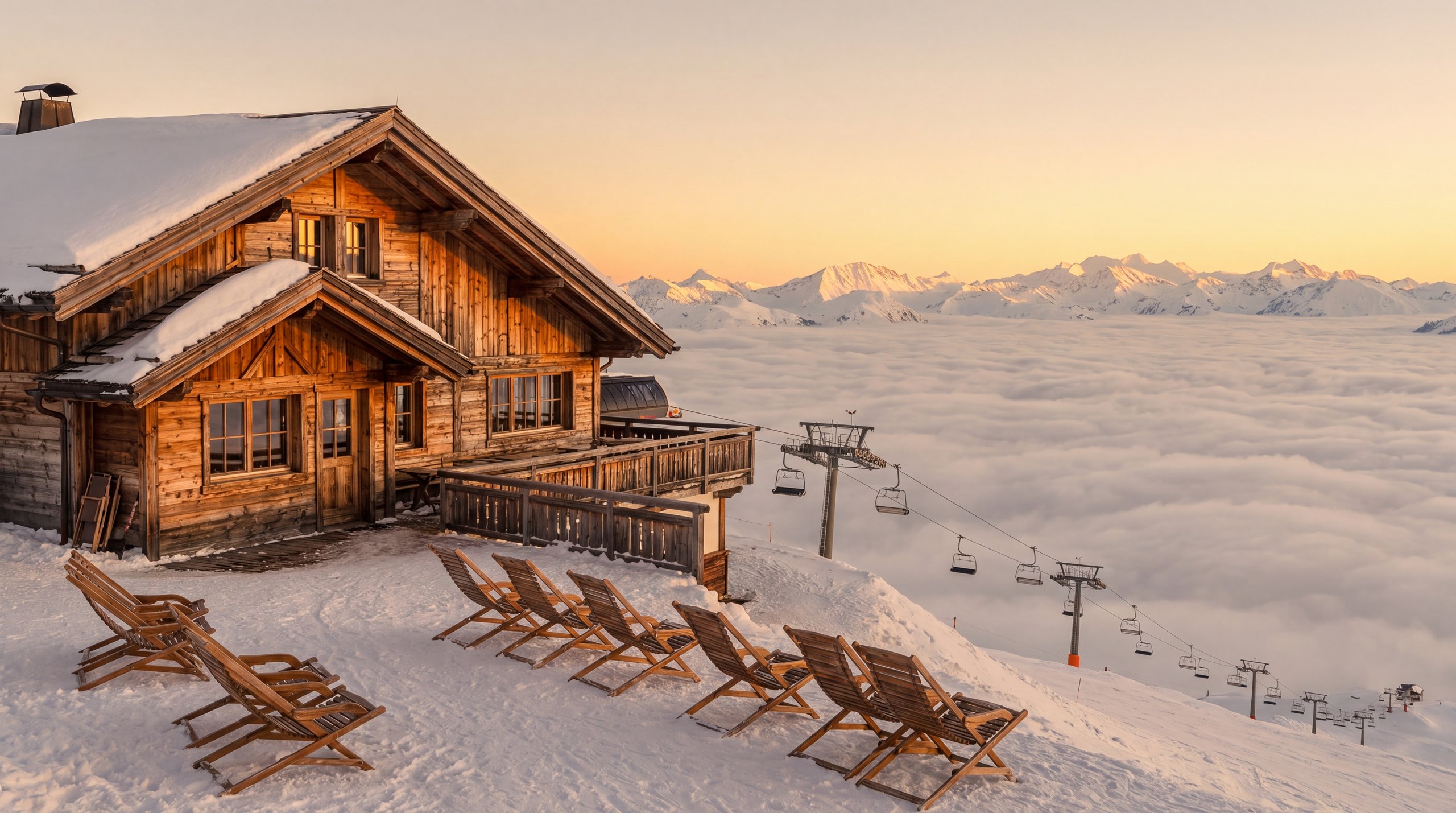 La terrasse d'un restaurant d'altitude et ses transats, au-dessus d'une mer de nuages