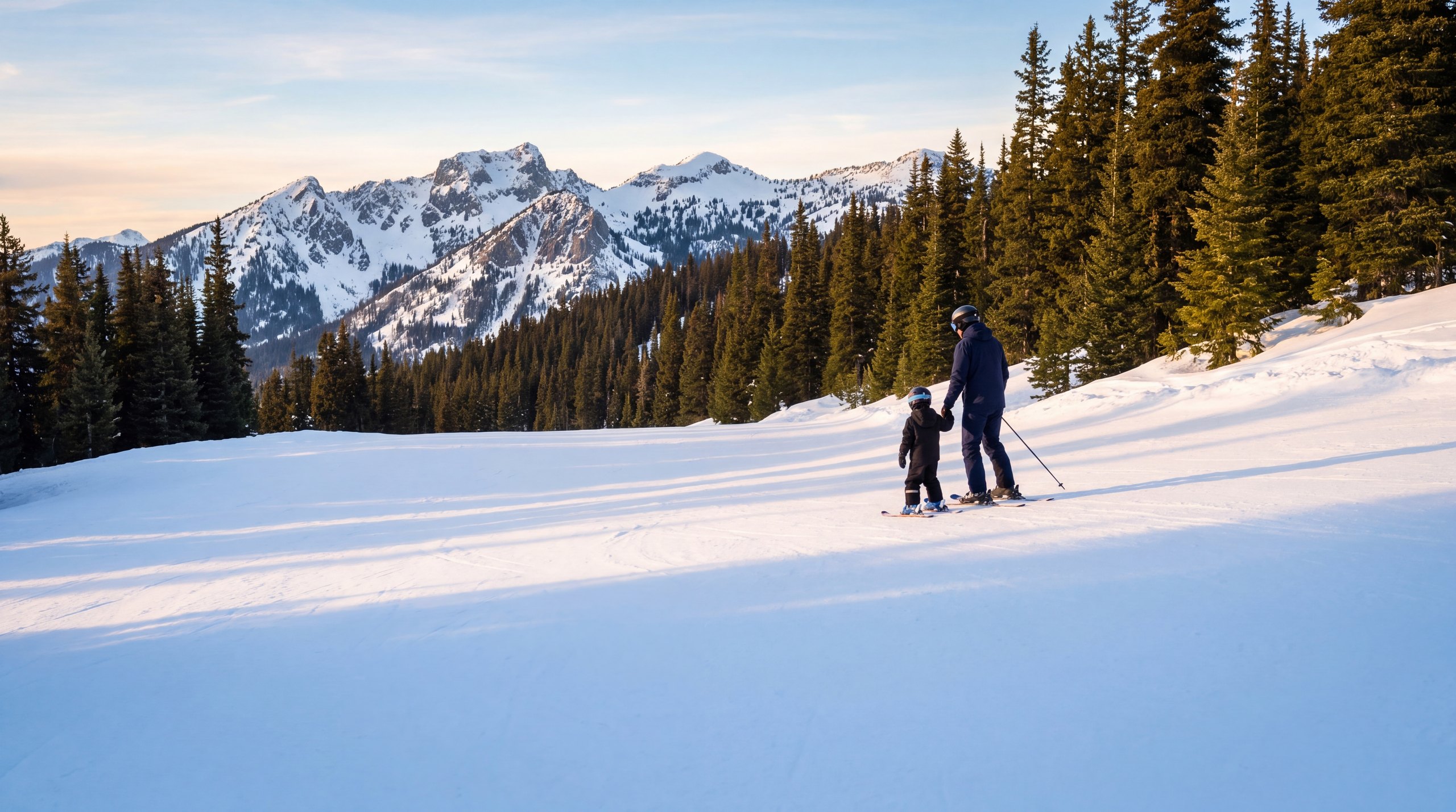 Un parent et un enfant skient côte à côte sur une large piste bleue, en fin d'après-midi