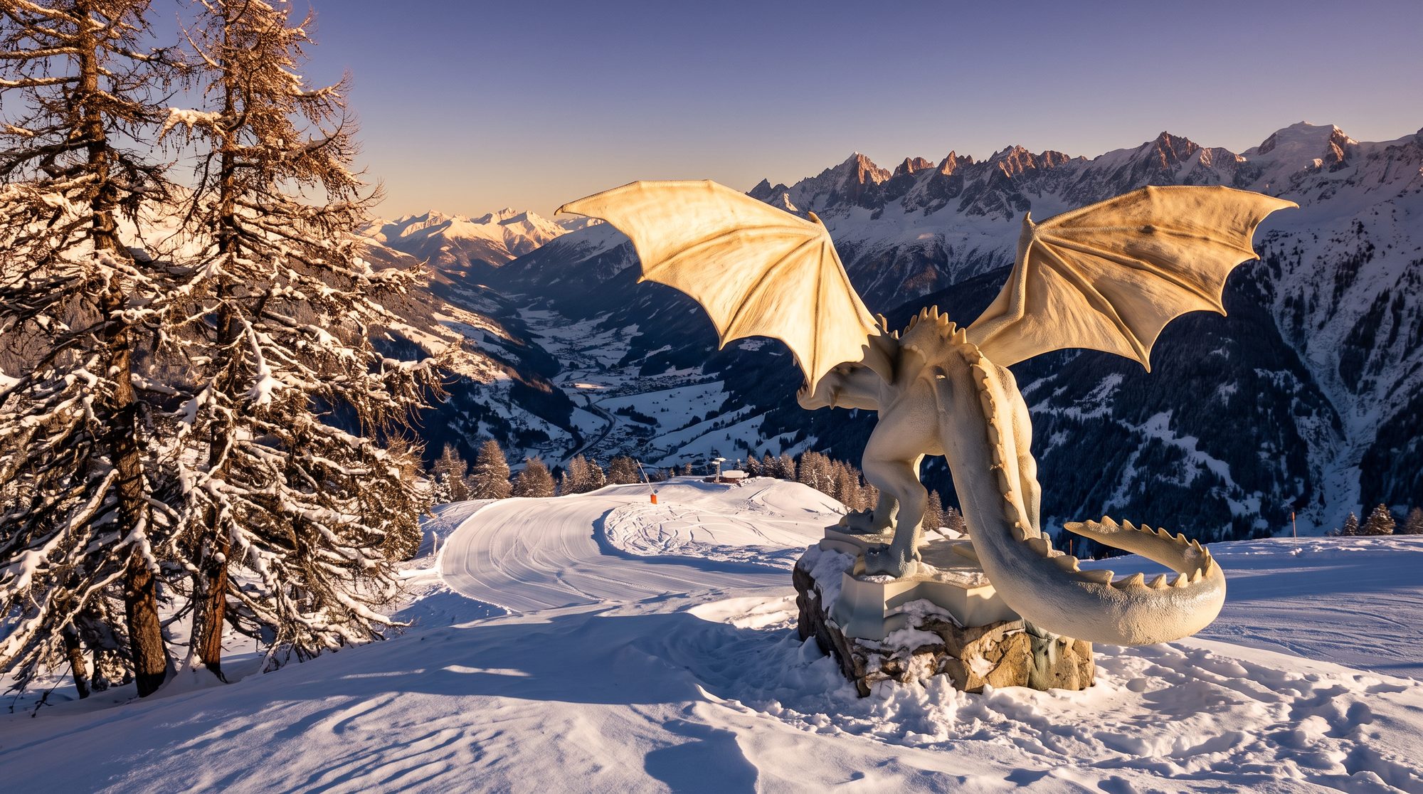 Une sculpture de dragon au bord d'une piste, dans la lumière dorée de fin de journée, face à la vallée