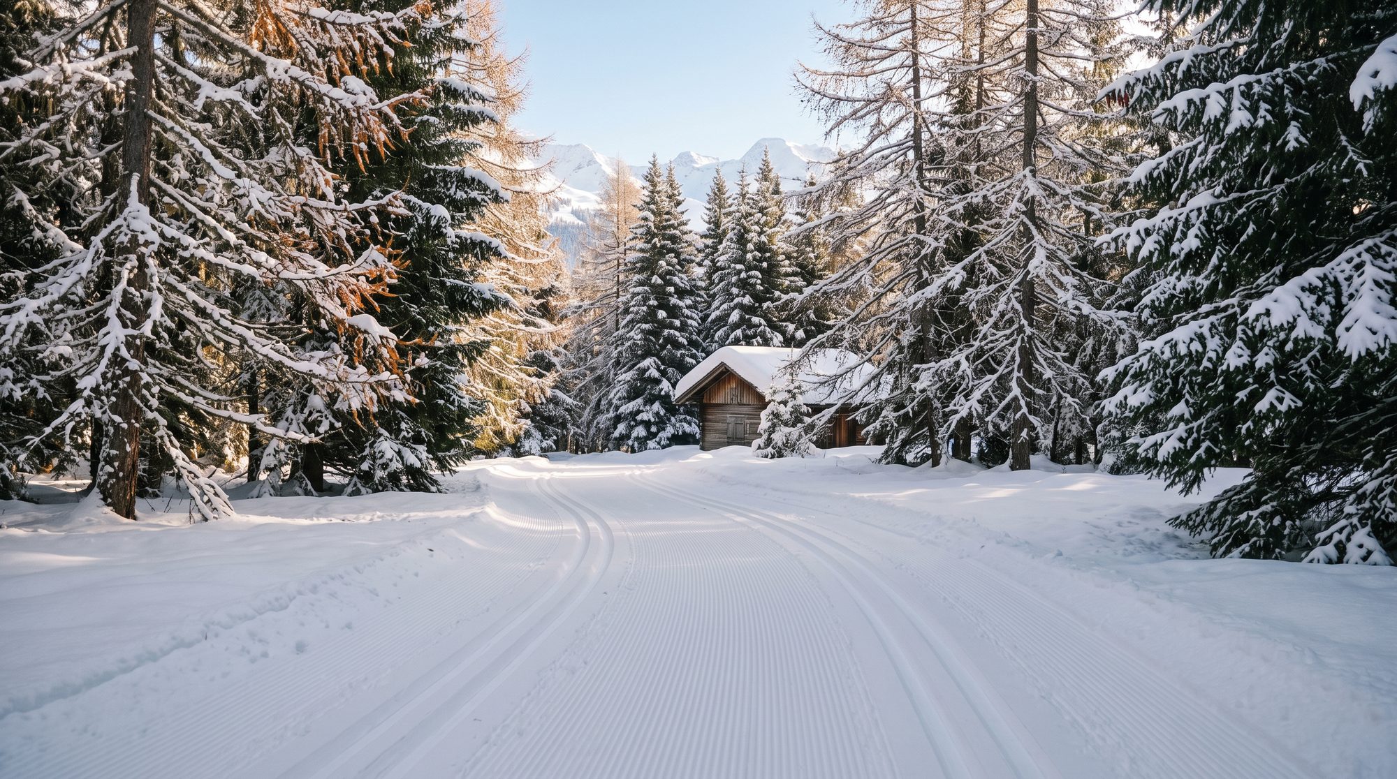 Des traces de ski de fond fraîchement damées dans une forêt enneigée, un petit chalet de bois entre les arbres