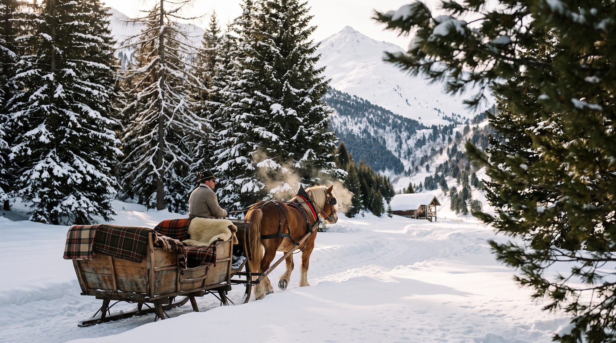 Un traîneau tiré par un cheval sur un chemin enneigé, entre les sapins chargés de neige