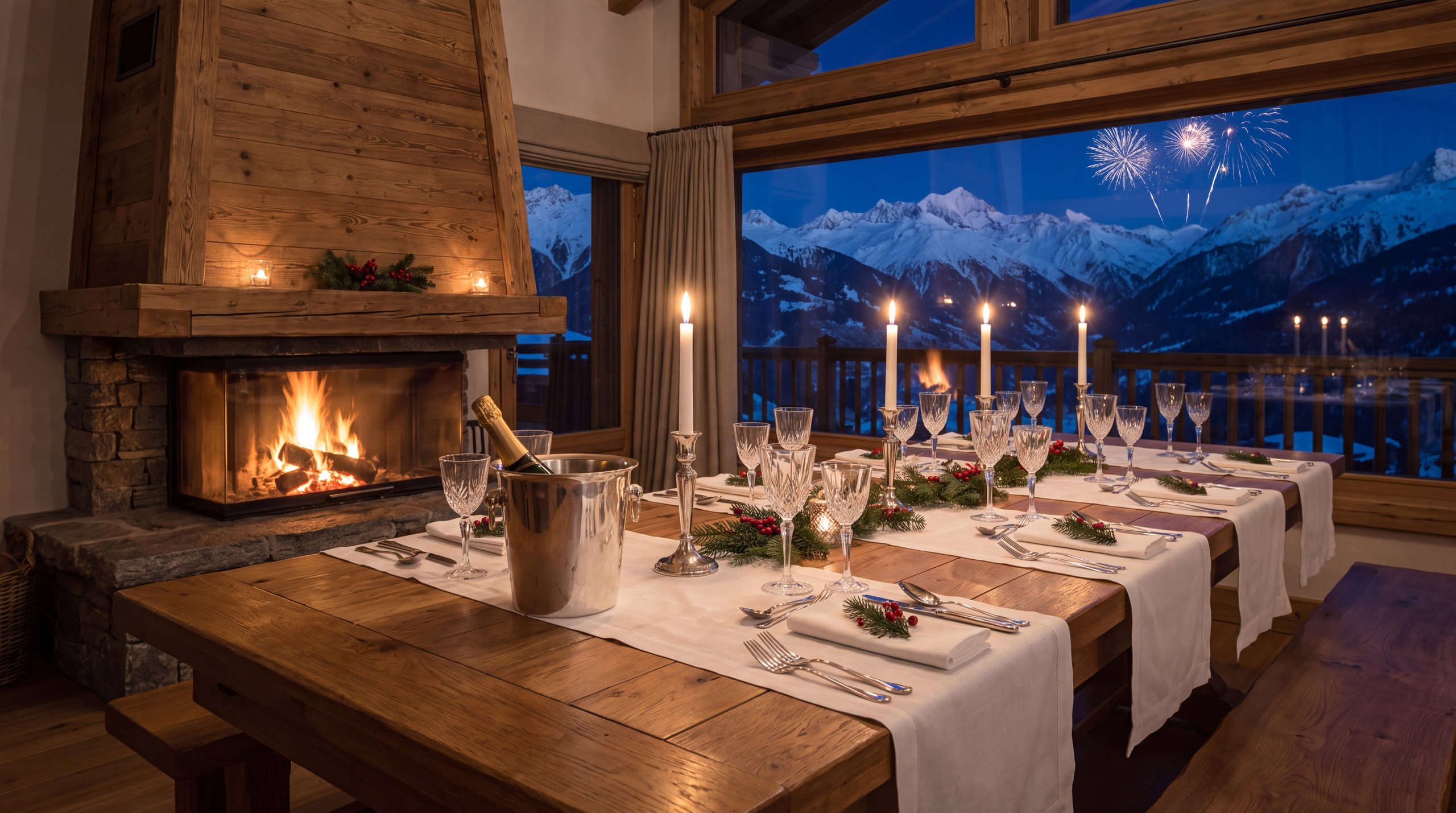 Une table de réveillon dressée dans la salle à manger d'un chalet, face aux sommets et à un feu d'artifice lointain