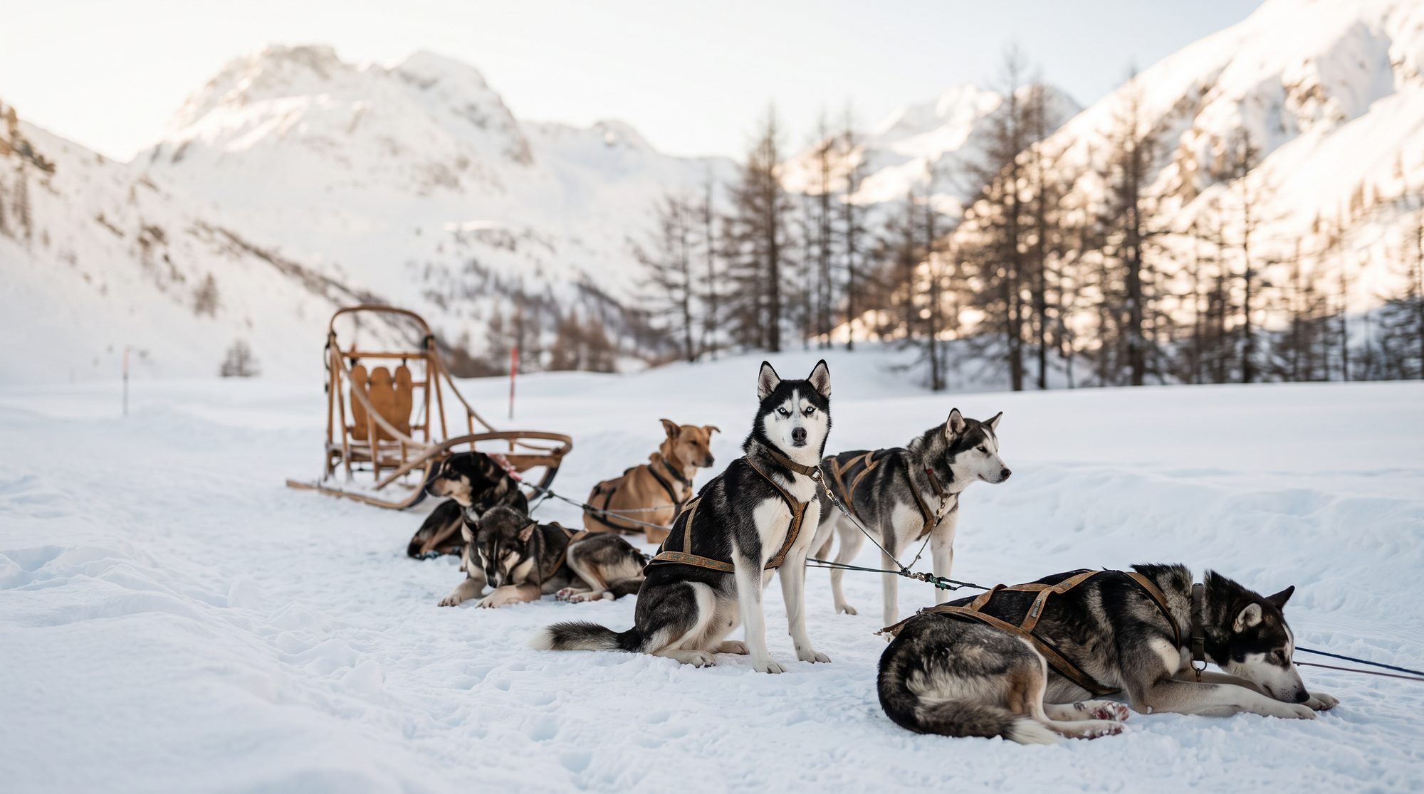 Des chiens de traîneau au repos dans la neige, leur traîneau vide derrière eux, sous les mélèzes