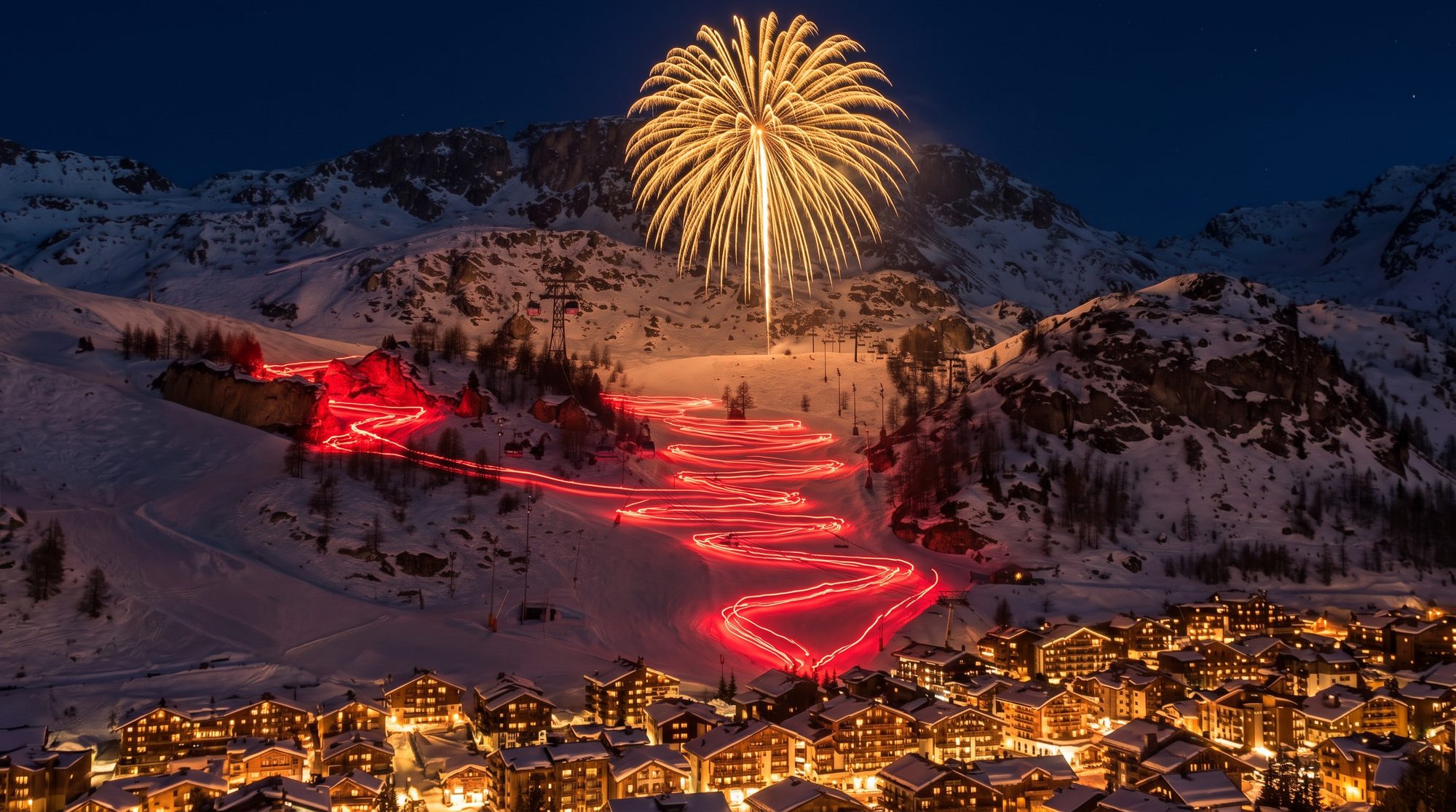 Descente aux flambeaux et feu d'artifice sur la Face de Bellevarde, au-dessus du village illuminé