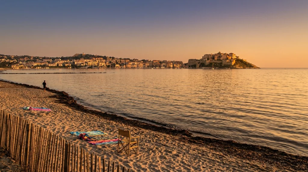 Plage de la Pinède (Calvi) : 4km de sable sous les pins parasols face à la Citadelle