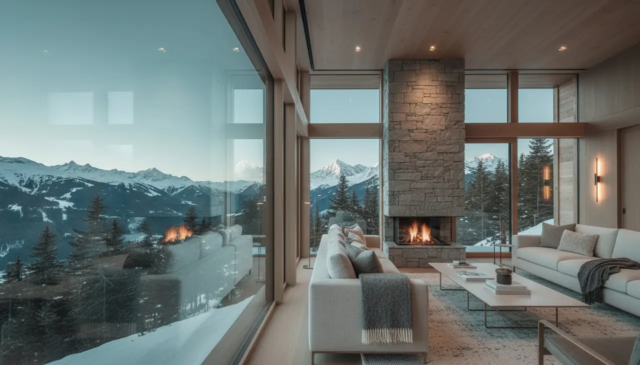 Lounge of a contemporary alpine chalet with large windows overlooking snow-capped mountains