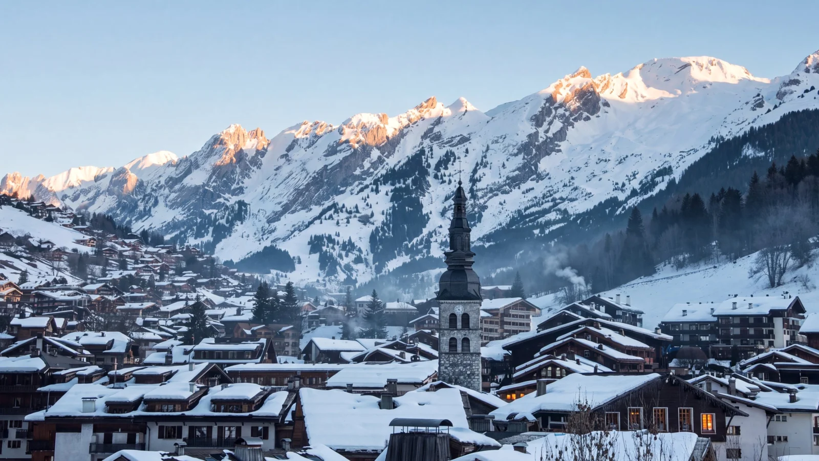 The bell tower of La Clusaz and the snow-covered Aravis at first light, the village still in blue shade